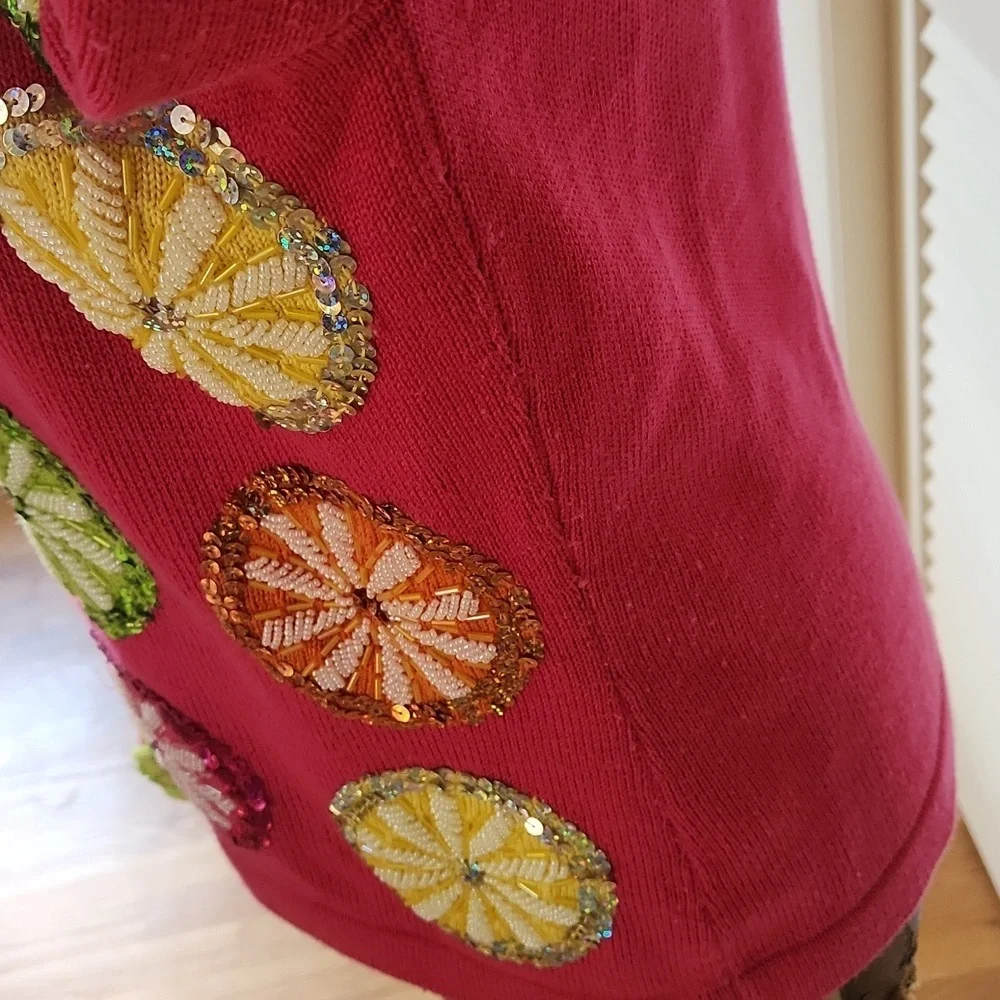 Jack B. Quick VTG 90s Beaded Sequin Cardigan Size M Pink Lime and Orange Holiday - Picture 9 of 10